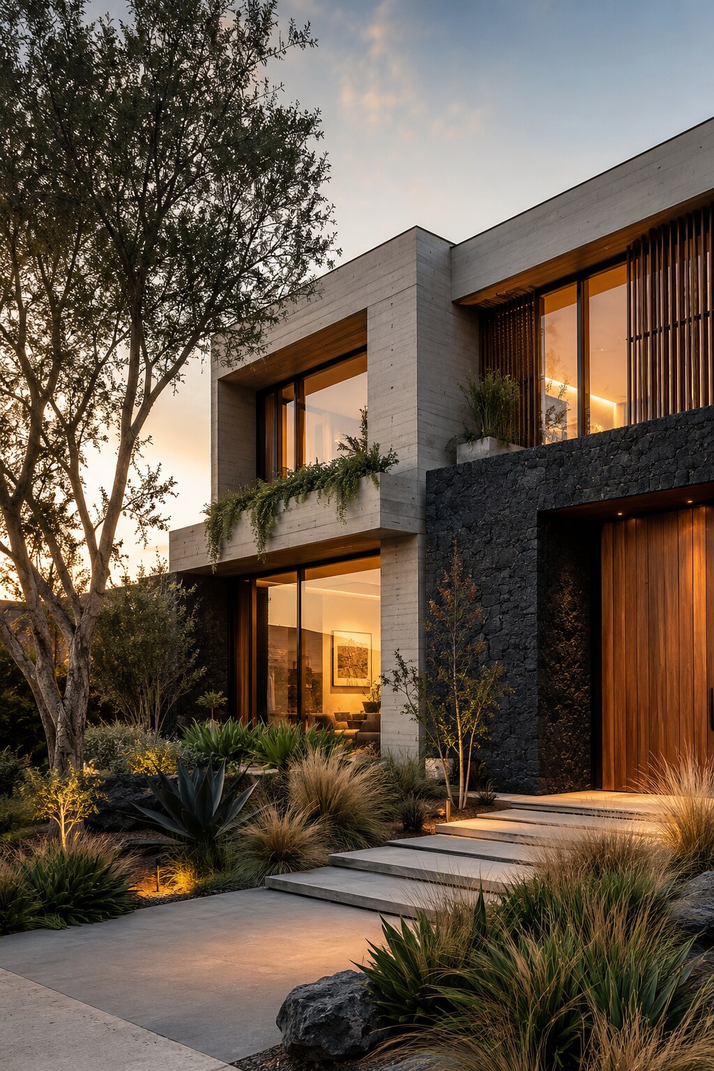 Contemporary residence in concrete, stone and wood